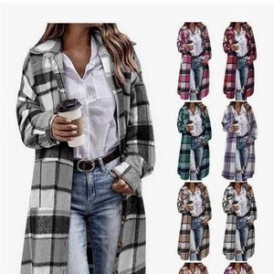 Plaid Longline Coat for Women - Black Grey and White
